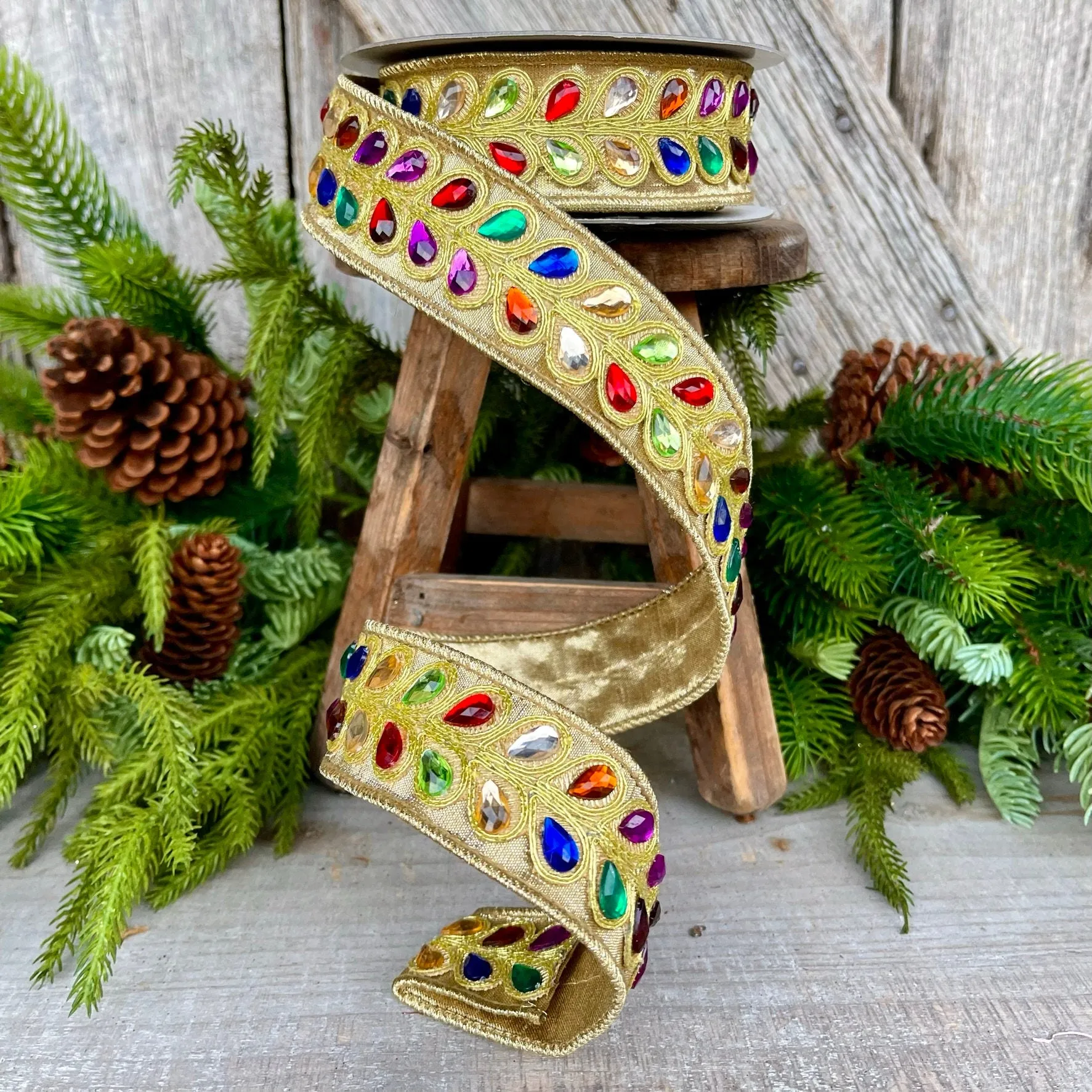 1.25" Gold Jeweled RIbbon, Farrisilk Ribbon