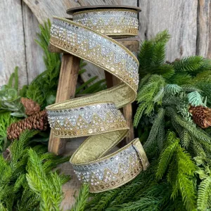 1.5" Gold Silver Jeweled Ribbon, Wired ribbon