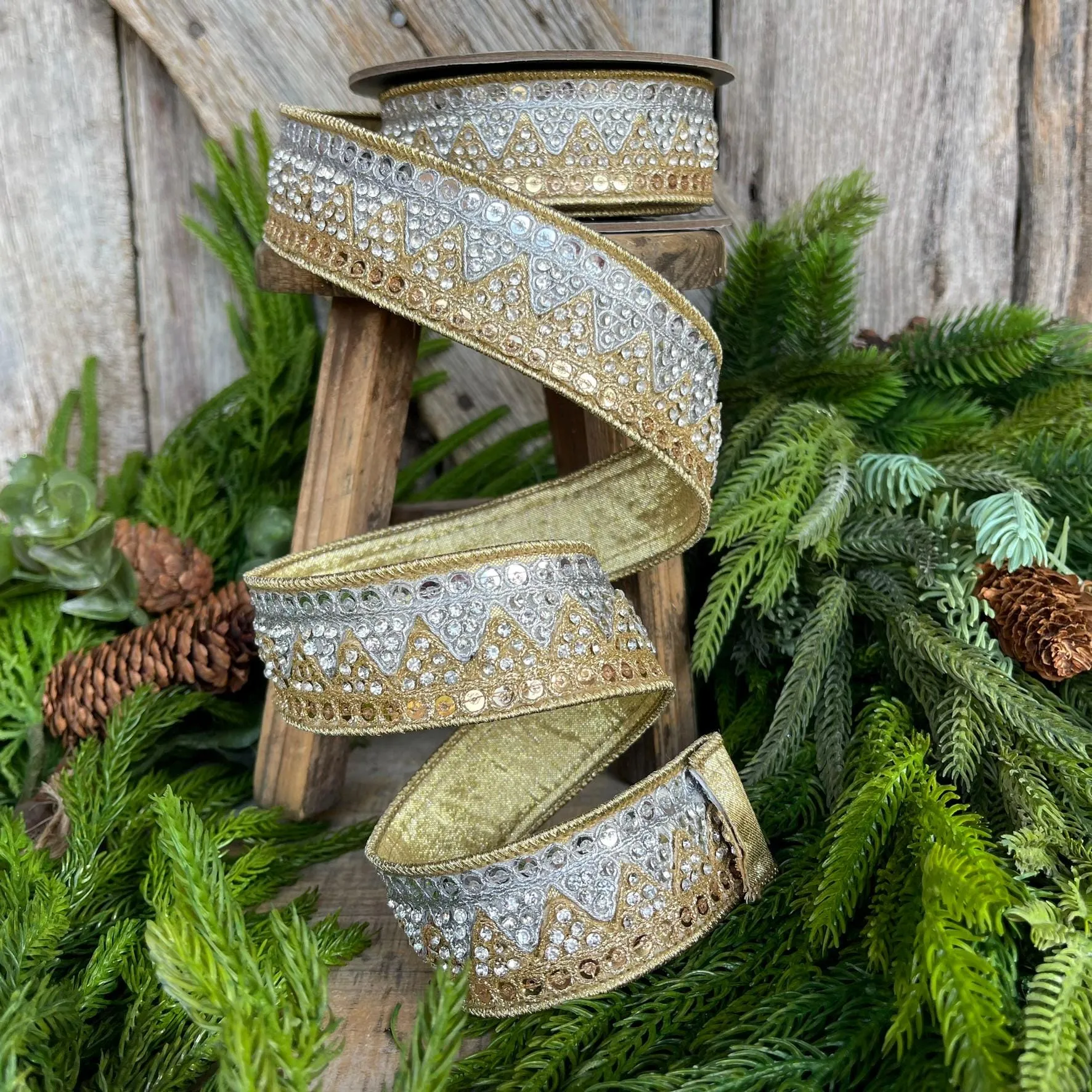 1.5" Gold Silver Jeweled Ribbon, Wired ribbon