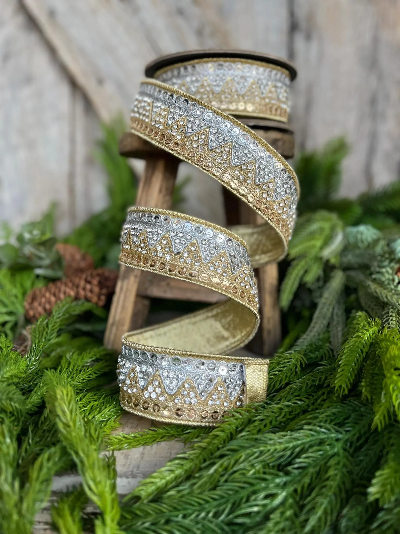 1.5" Gold Silver Jeweled Ribbon, Wired ribbon