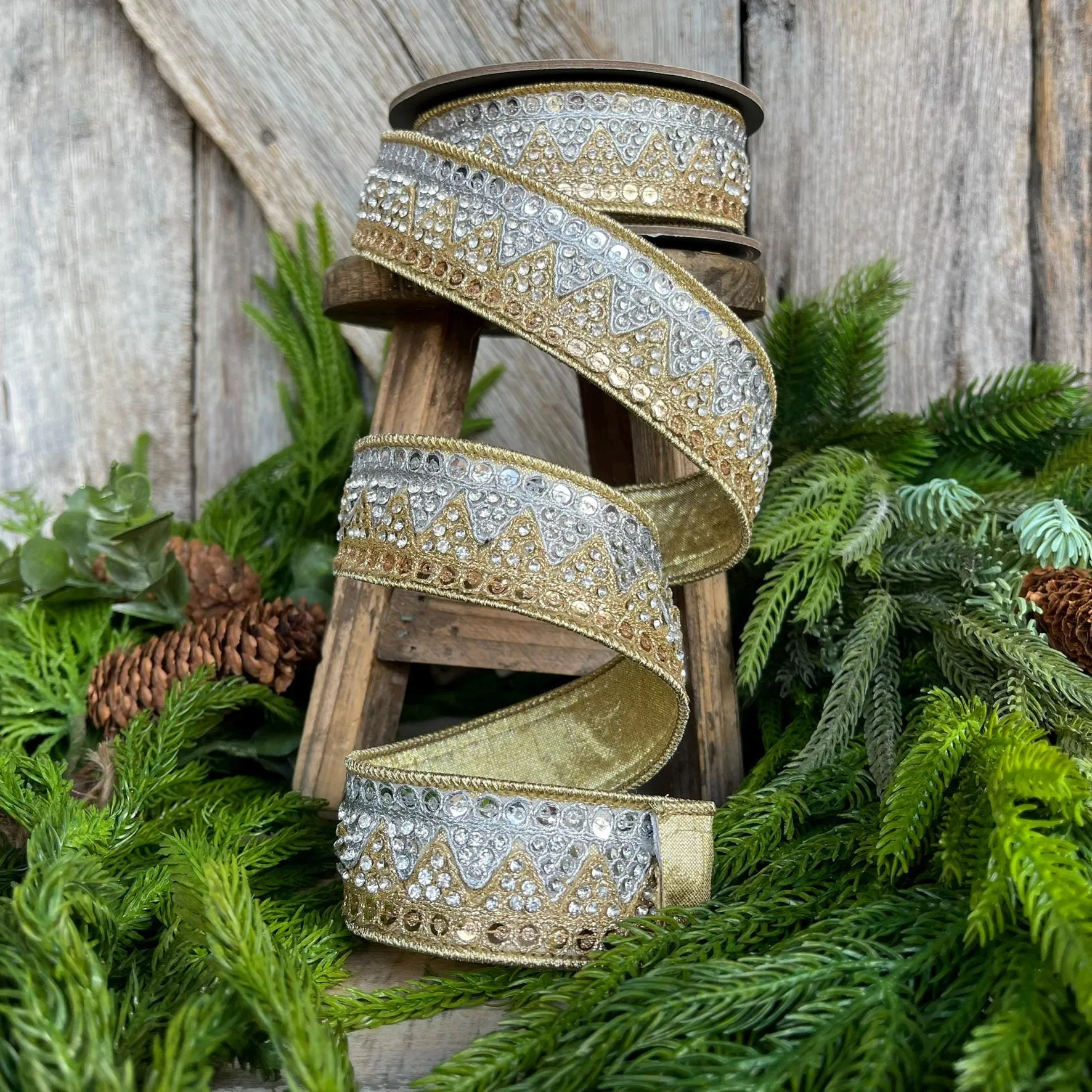 1.5" Gold Silver Jeweled Ribbon, Wired ribbon