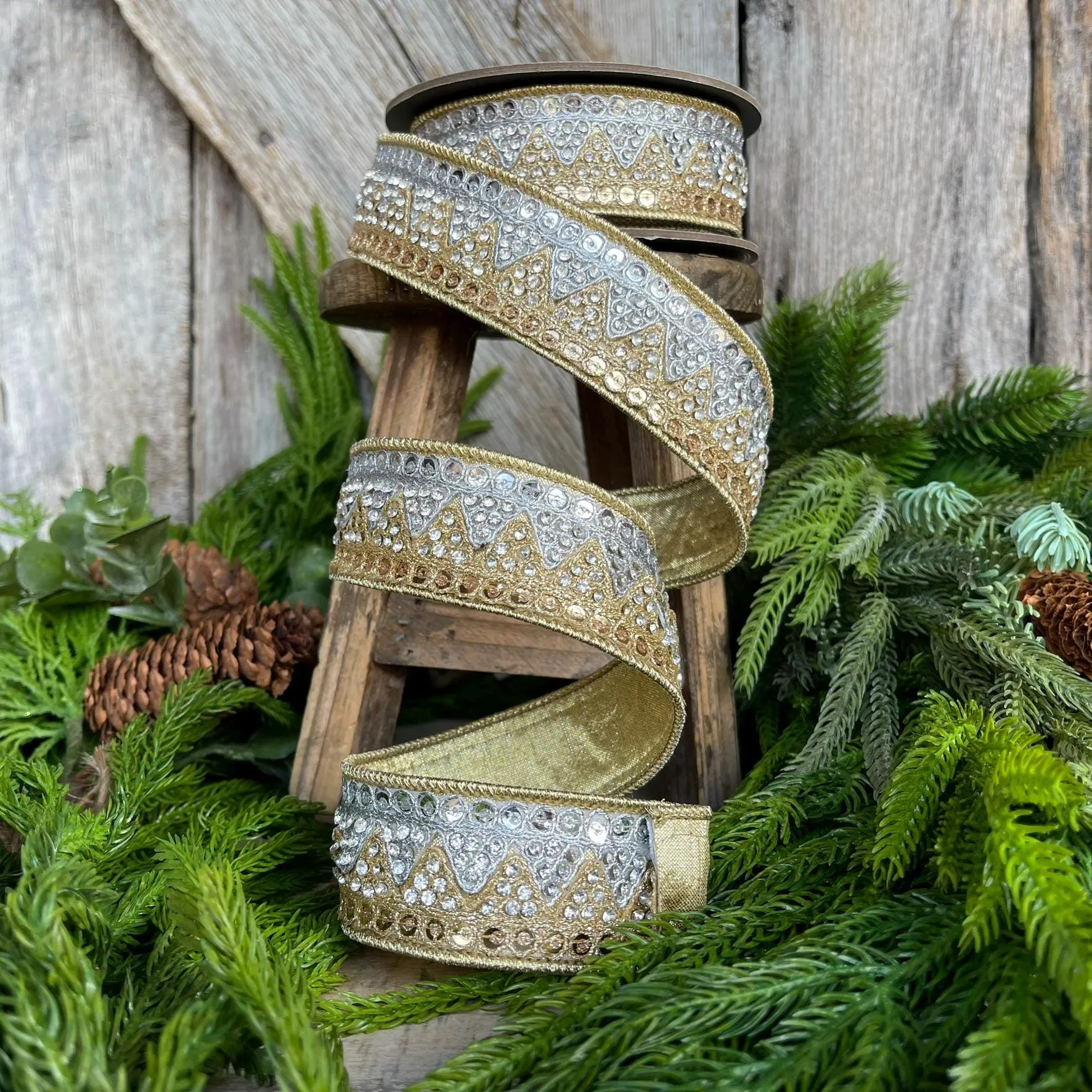 1.5" Gold Silver Jeweled Ribbon, Wired ribbon