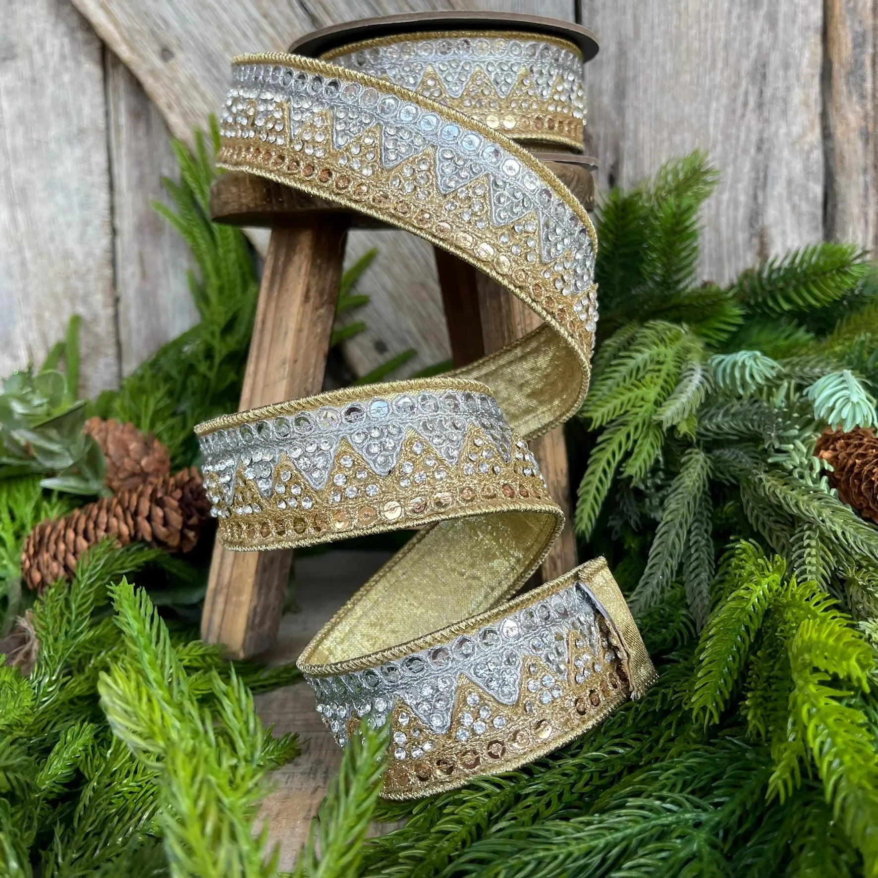 1.5" Gold Silver Jeweled Ribbon, Wired ribbon