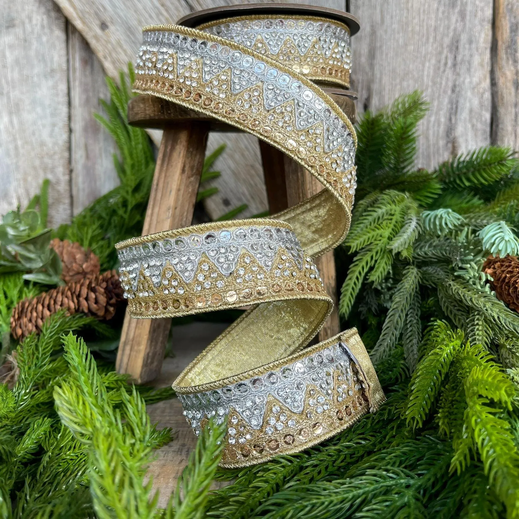 1.5" Gold Silver Jeweled Ribbon, Wired ribbon