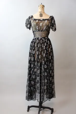 1930s EMBROIDERED mesh puff sleeves dress gown xs | new fall