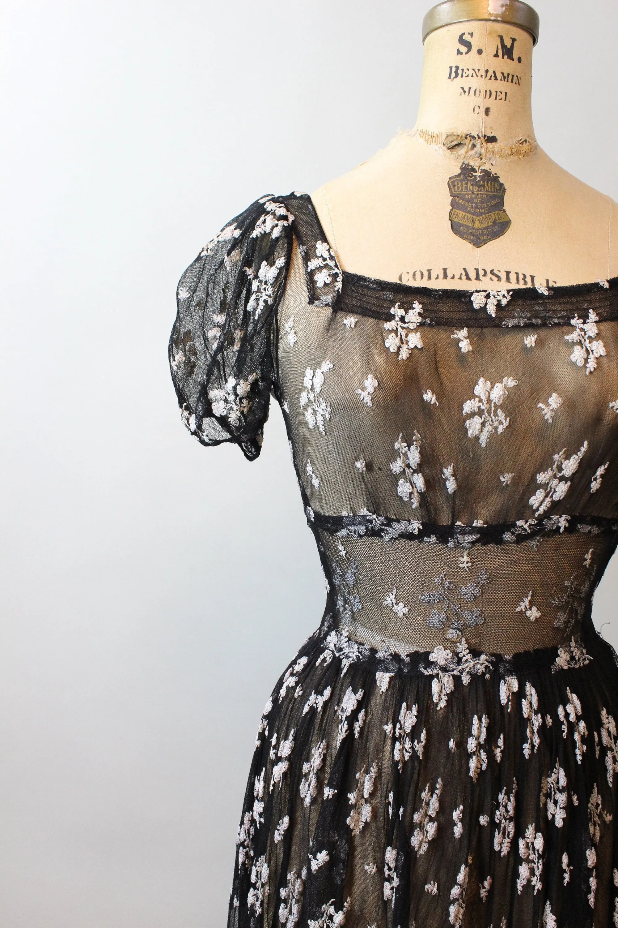 1930s EMBROIDERED mesh puff sleeves dress gown xs | new fall
