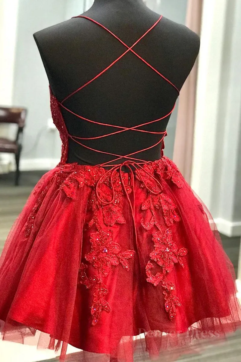 A Line V Neck Backless Lace Red Short Prom Dress Homecoming Dress Backless Red Lace Formal Graduation Evening Dress