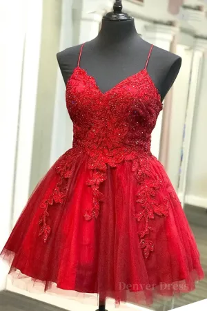 A Line V Neck Backless Lace Red Short Prom Dress Homecoming Dress Backless Red Lace Formal Graduation Evening Dress