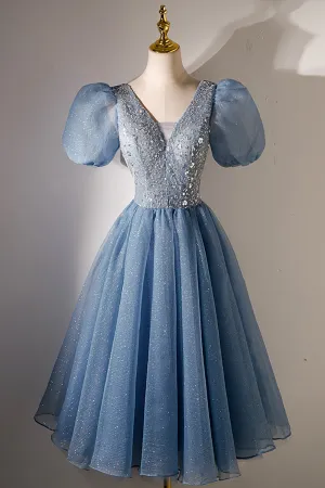 A-line V-neck Sequins Short Prom Dress Blue Short Sleeve Evening Dress