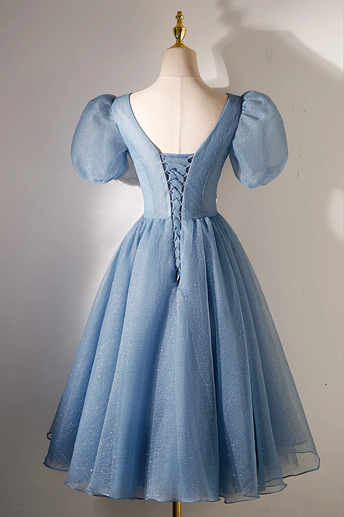 A-line V-neck Sequins Short Prom Dress Blue Short Sleeve Evening Dress
