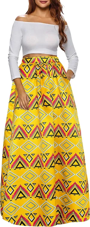 Afibi Women African Printed Maxi Skirt Flared Skirt A Line Long Skirts with Pockets S-5XL