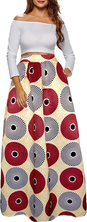 Afibi Women African Printed Maxi Skirt Flared Skirt A Line Long Skirts with Pockets S-5XL