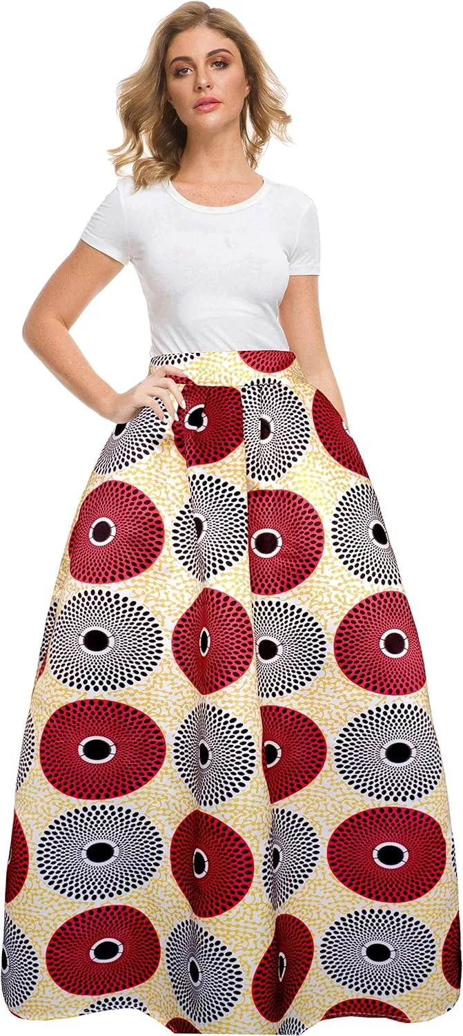 Afibi Women African Printed Maxi Skirt Flared Skirt A Line Long Skirts with Pockets S-5XL