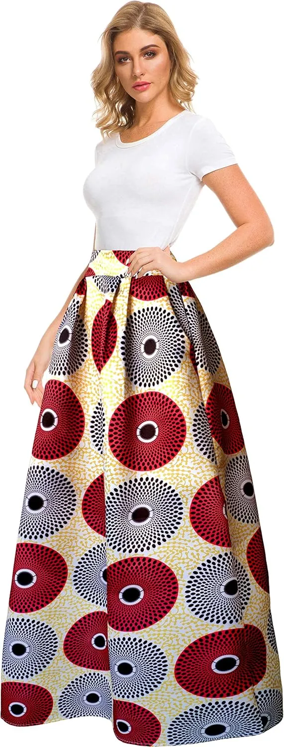 Afibi Women African Printed Maxi Skirt Flared Skirt A Line Long Skirts with Pockets S-5XL