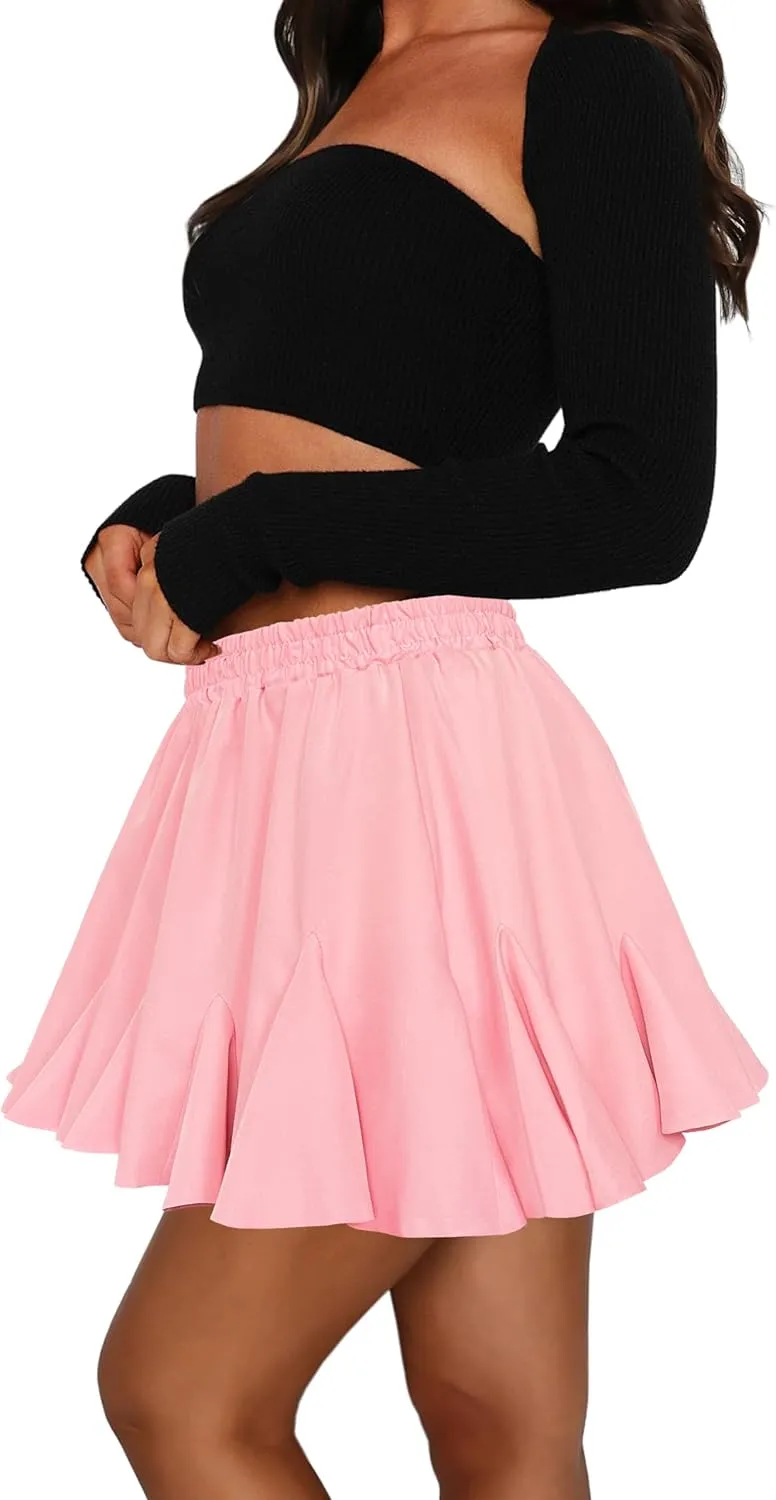 Afibi Women's Pleated Skater Skirt with Pockets High Waisted Ruffles Flared Mini Short Skirts