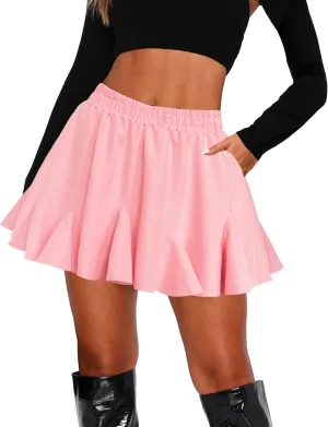 Afibi Women's Pleated Skater Skirt with Pockets High Waisted Ruffles Flared Mini Short Skirts