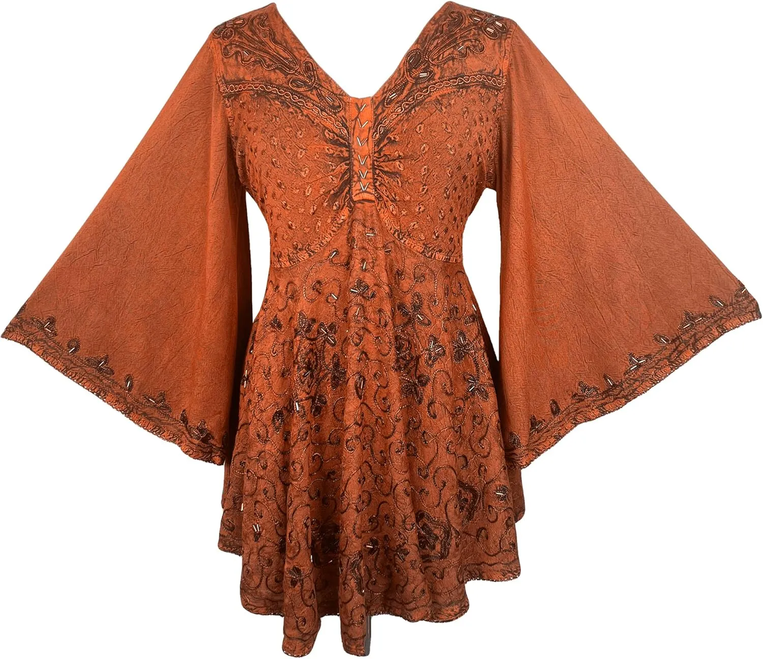 Agan Traders Women's 2025 Summer Long Bell Sleeve Embroidered Tops - V Neck Asymmetrical Flair Beaded Tunic Blouses