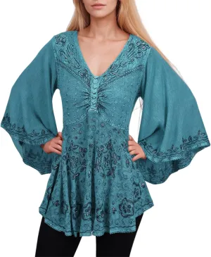 Agan Traders Women's 2025 Summer Long Bell Sleeve Embroidered Tops - V Neck Asymmetrical Flair Beaded Tunic Blouses