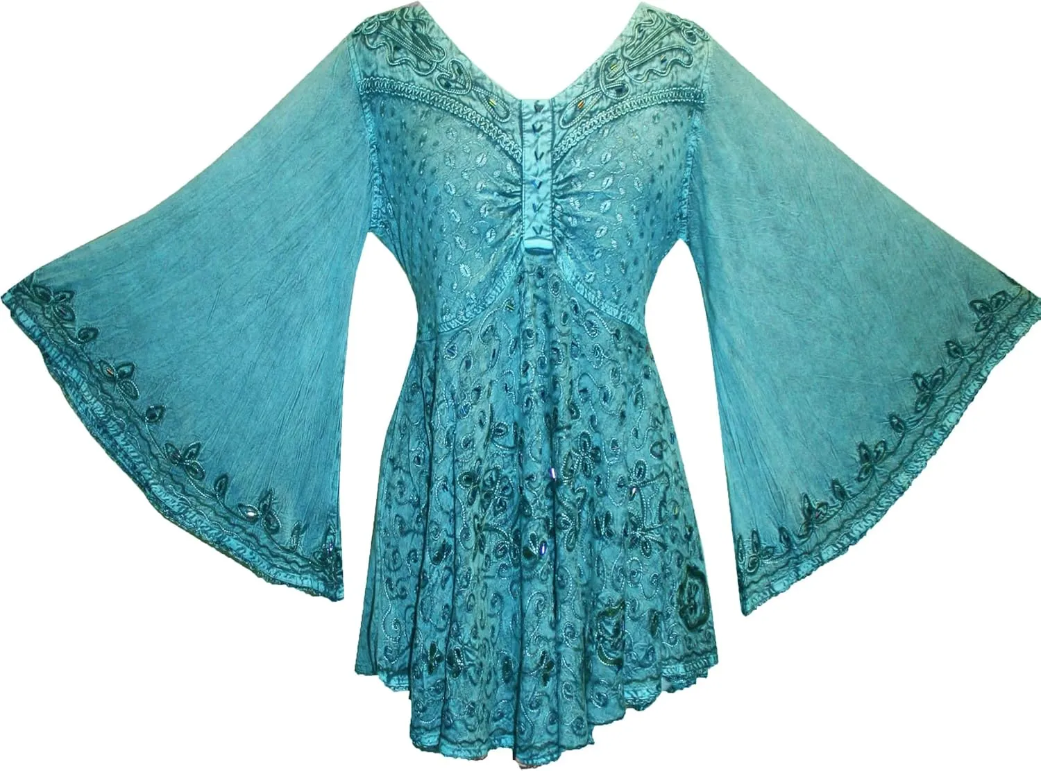 Agan Traders Women's 2025 Summer Long Bell Sleeve Embroidered Tops - V Neck Asymmetrical Flair Beaded Tunic Blouses