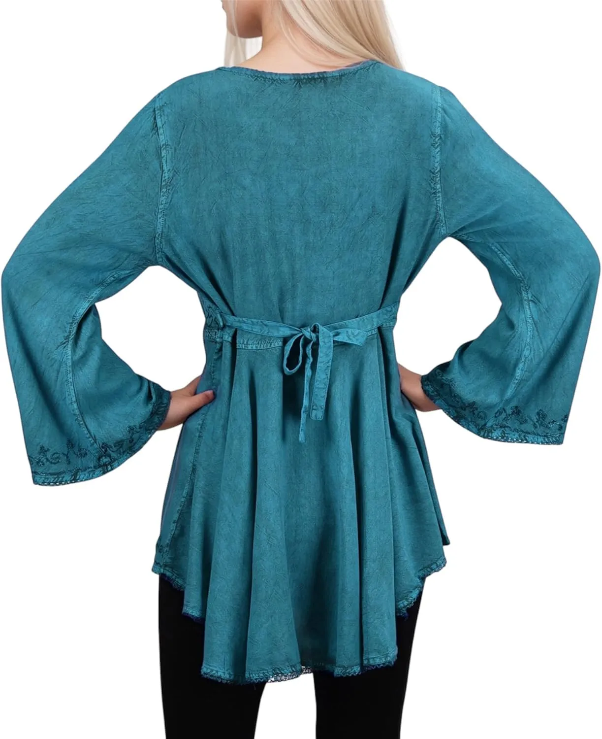 Agan Traders Women's 2025 Summer Long Bell Sleeve Embroidered Tops - V Neck Asymmetrical Flair Beaded Tunic Blouses