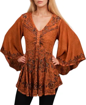 Agan Traders Women's 2025 Summer Long Bell Sleeve Embroidered Tops - V Neck Asymmetrical Flair Beaded Tunic Blouses