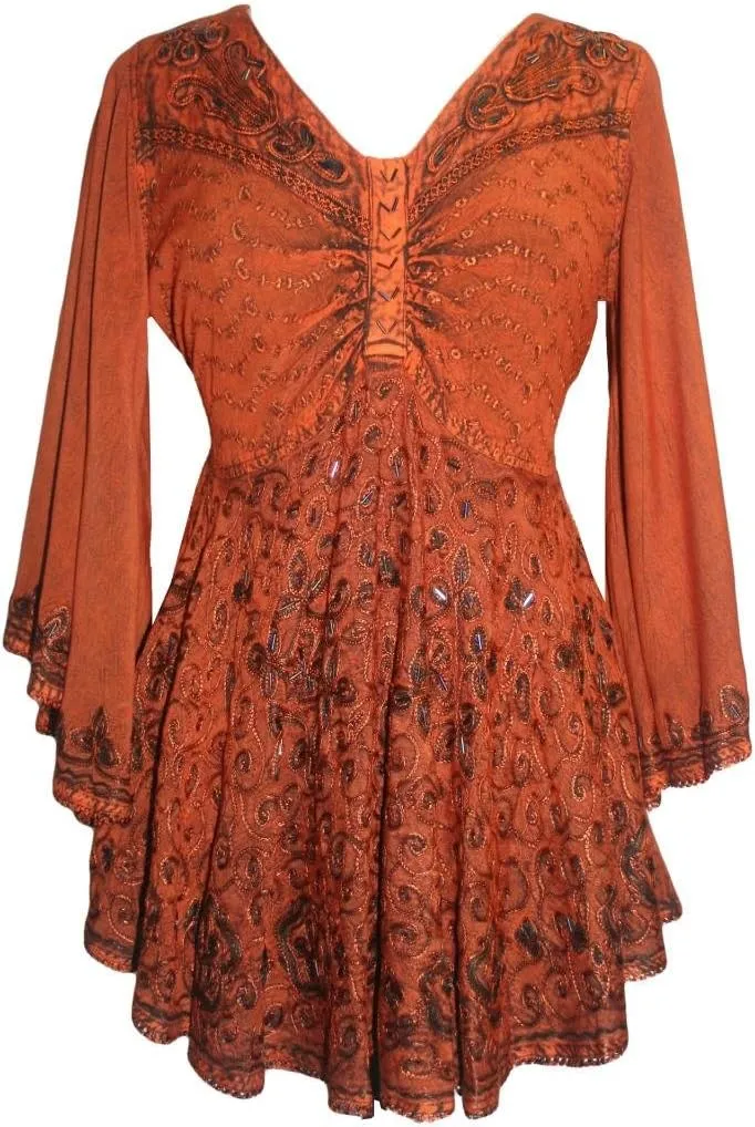 Agan Traders Women's 2025 Summer Long Bell Sleeve Embroidered Tops - V Neck Asymmetrical Flair Beaded Tunic Blouses