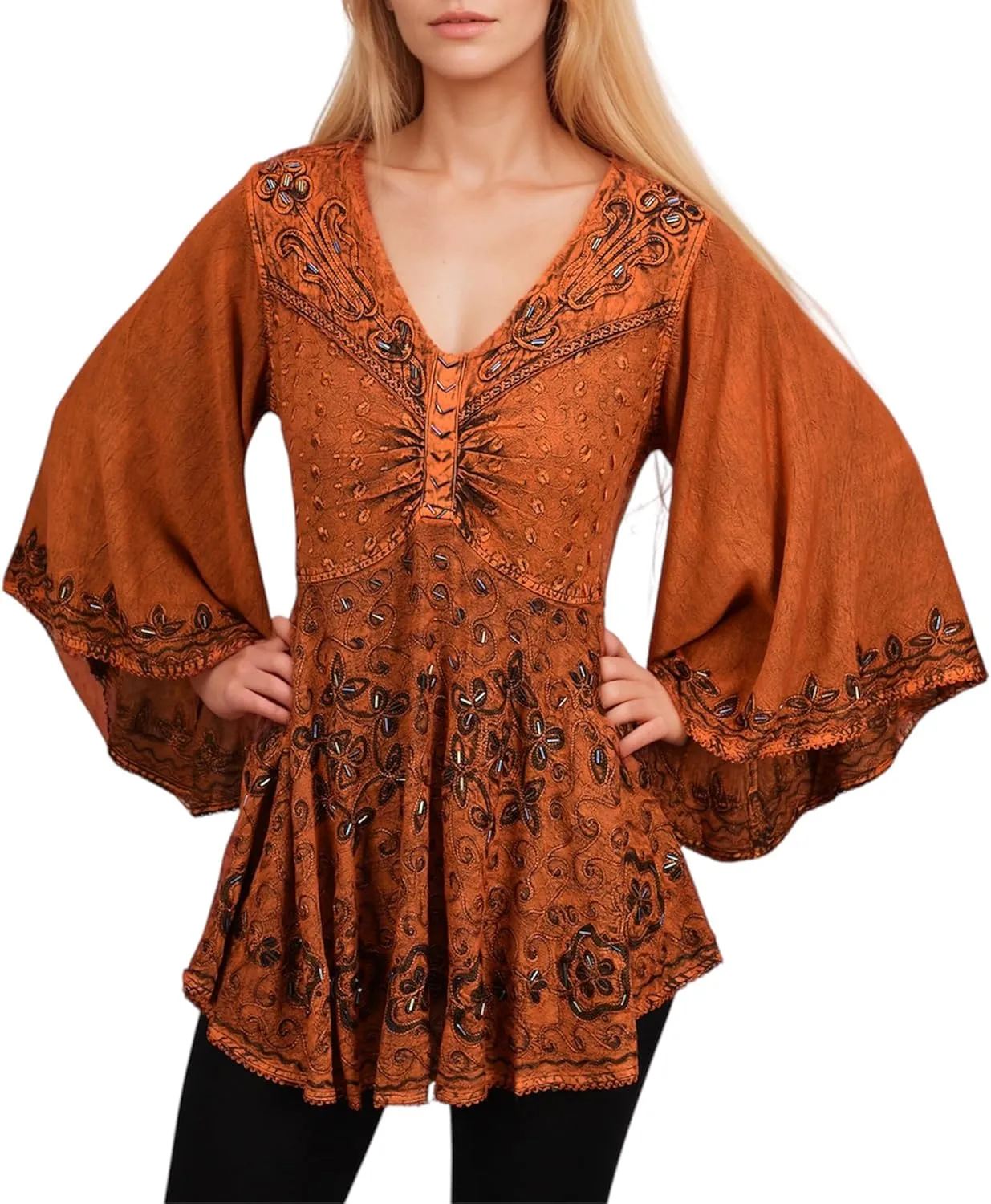 Agan Traders Women's 2025 Summer Long Bell Sleeve Embroidered Tops - V Neck Asymmetrical Flair Beaded Tunic Blouses