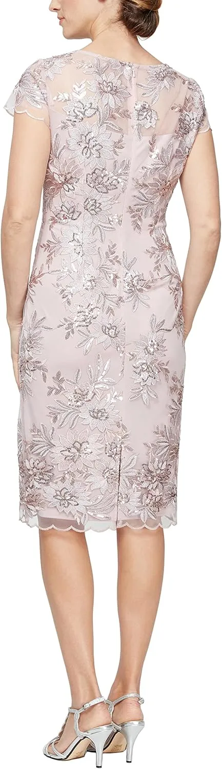 Alex Evenings Women's Short Knee Length Floral Embroidered Cocktail Sheath Dress