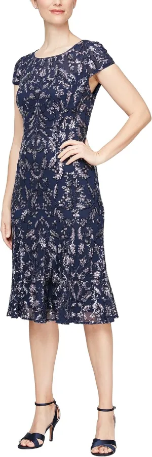 Alex Evenings Women's Tea Length Embroidered Cocktail Godets, Wedding Guest, Party Dress (Petite and Regular Sizes)