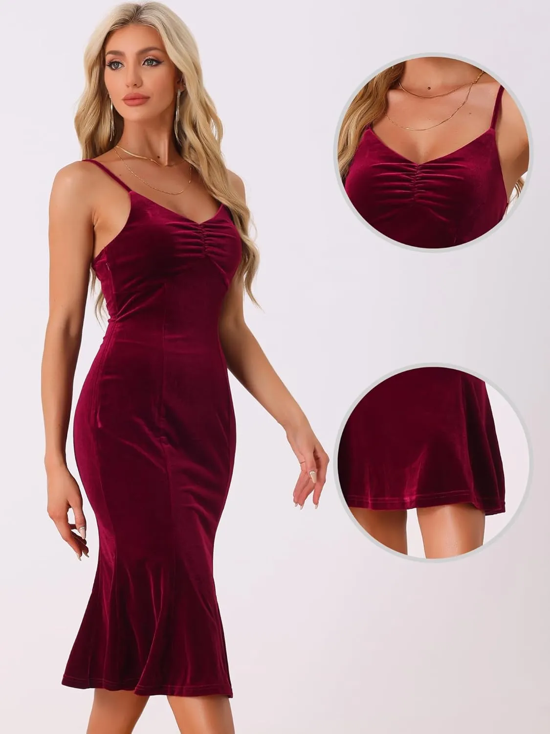 Allegra K Velvet Dress for Women's Christmas Spaghetti Straps V Neck Fishtail Evening Cocktail Dress