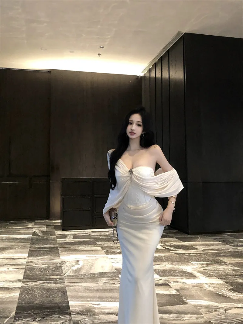Apricot sleeveless dress for women mermaid long party dress     S5904