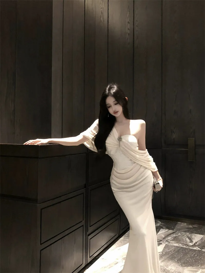 Apricot sleeveless dress for women mermaid long party dress     S5904