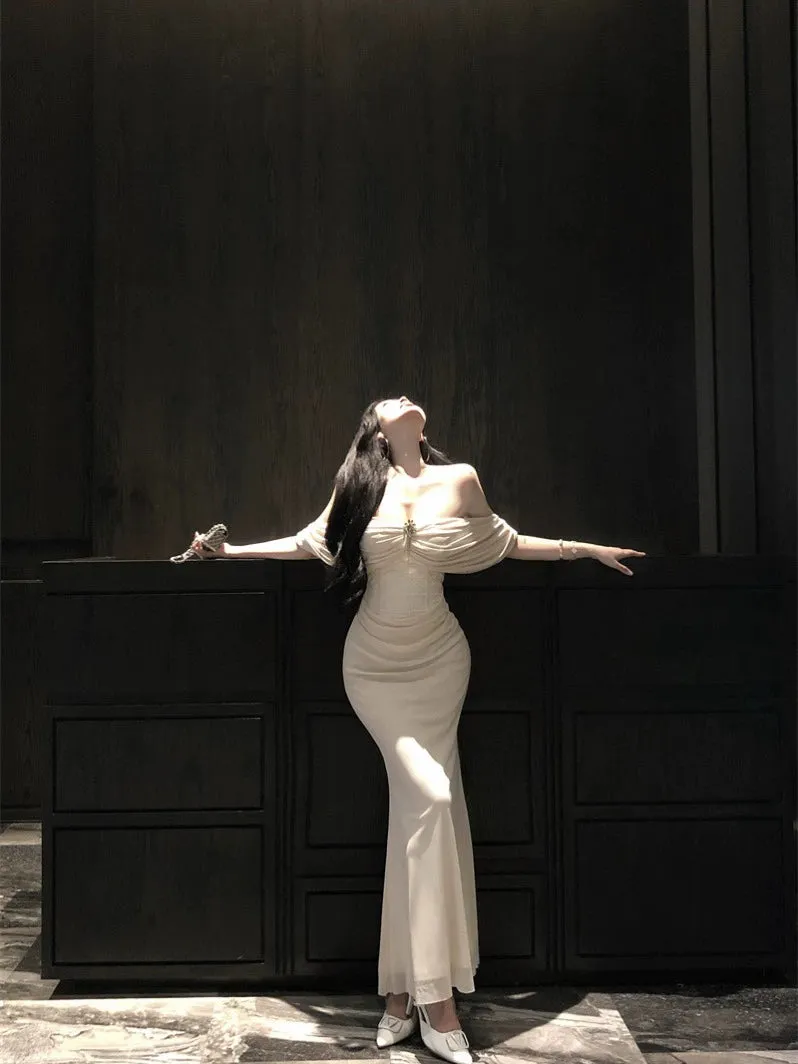 Apricot sleeveless dress for women mermaid long party dress     S5904
