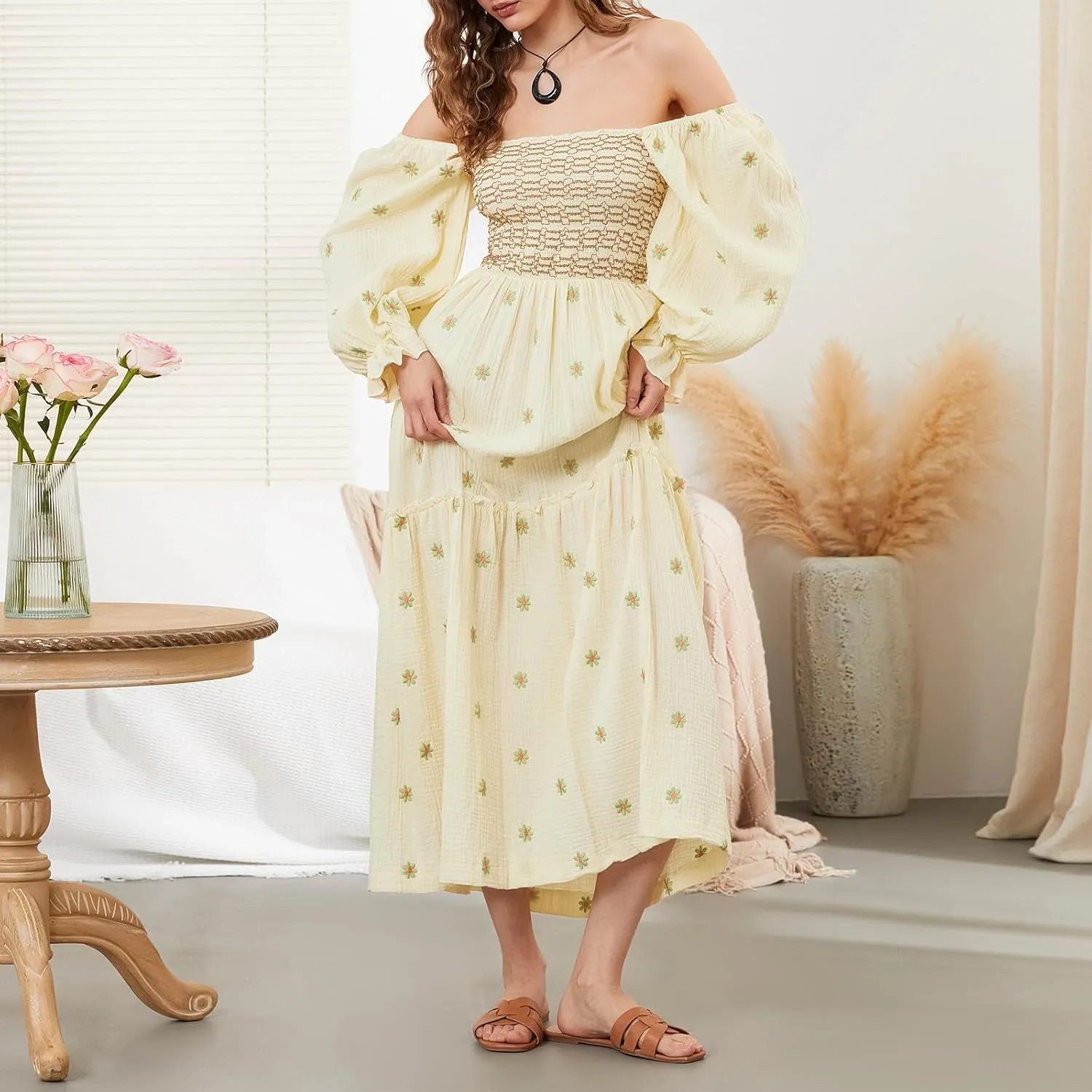 Argeousgor Women 2025 Bohemian Floral Dress Square Neck Ruffle Swing A Line Maxi Dress Long Sleeve Beach Long Dress