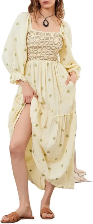 Argeousgor Women 2025 Bohemian Floral Dress Square Neck Ruffle Swing A Line Maxi Dress Long Sleeve Beach Long Dress
