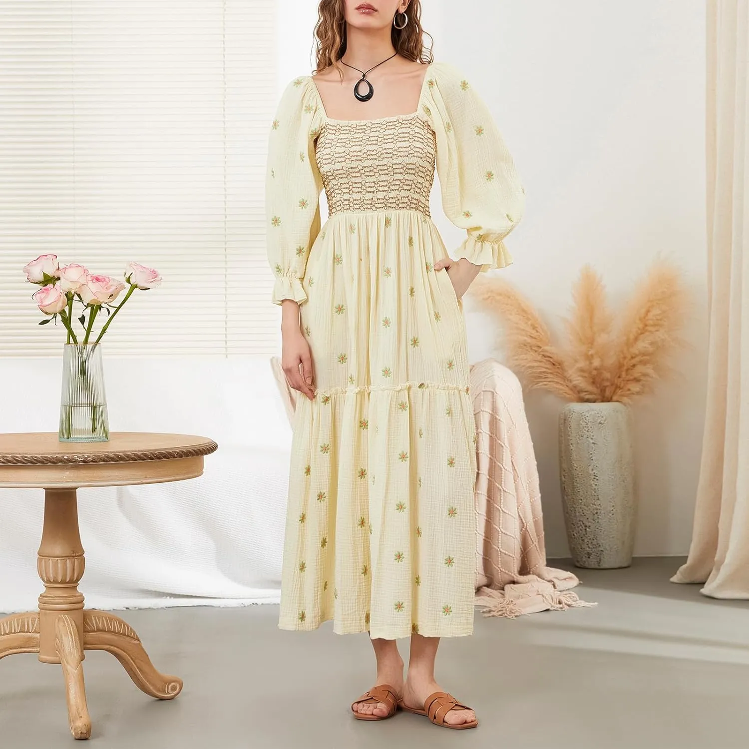 Argeousgor Women 2025 Bohemian Floral Dress Square Neck Ruffle Swing A Line Maxi Dress Long Sleeve Beach Long Dress
