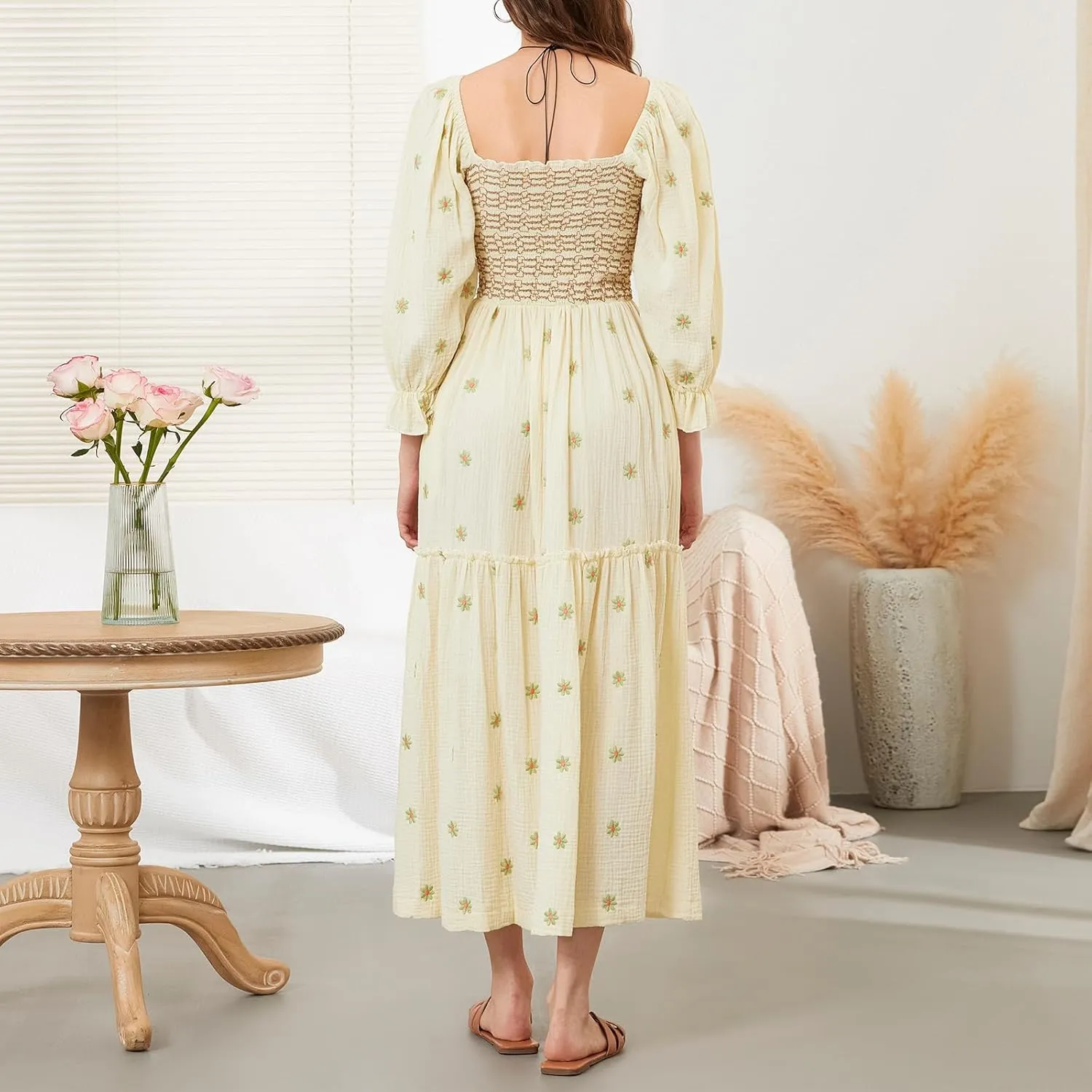 Argeousgor Women 2025 Bohemian Floral Dress Square Neck Ruffle Swing A Line Maxi Dress Long Sleeve Beach Long Dress