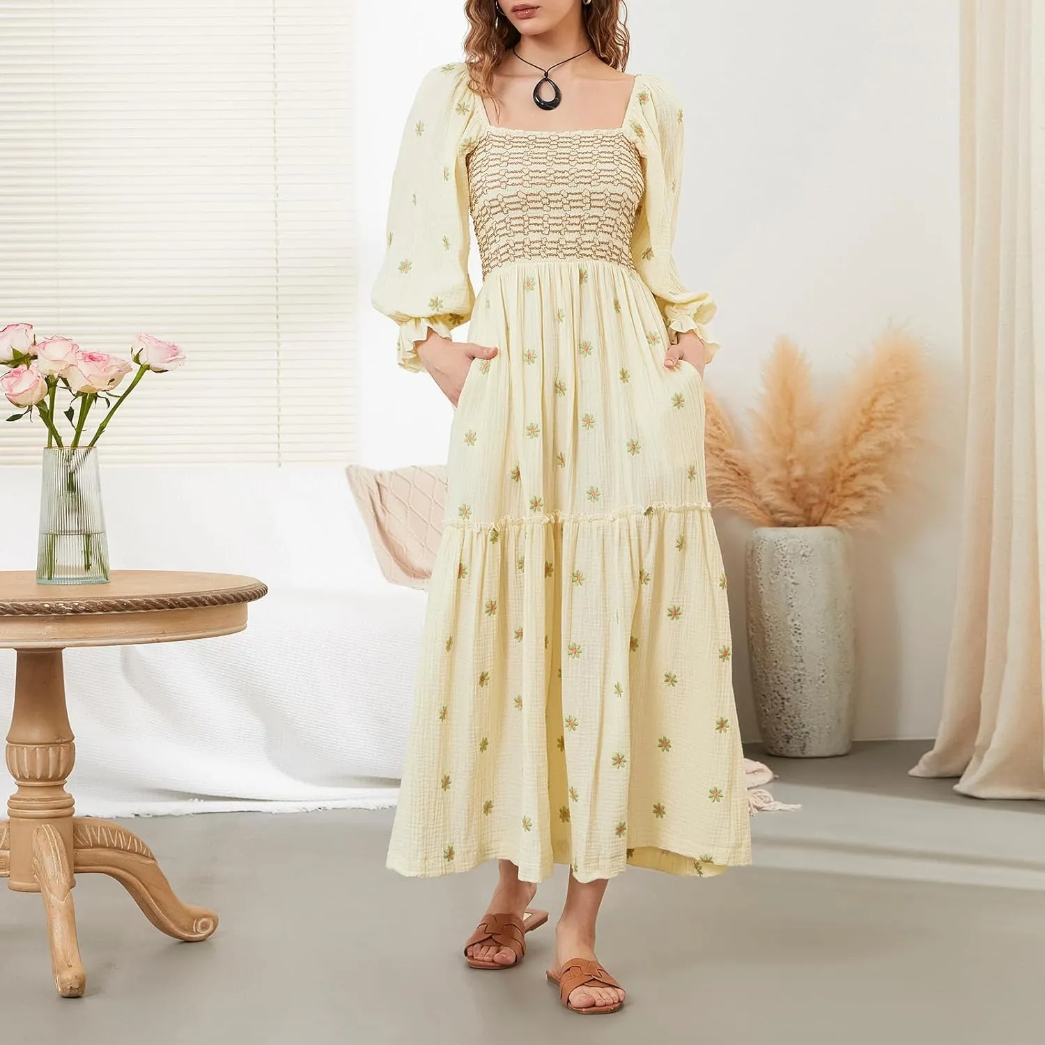 Argeousgor Women 2025 Bohemian Floral Dress Square Neck Ruffle Swing A Line Maxi Dress Long Sleeve Beach Long Dress