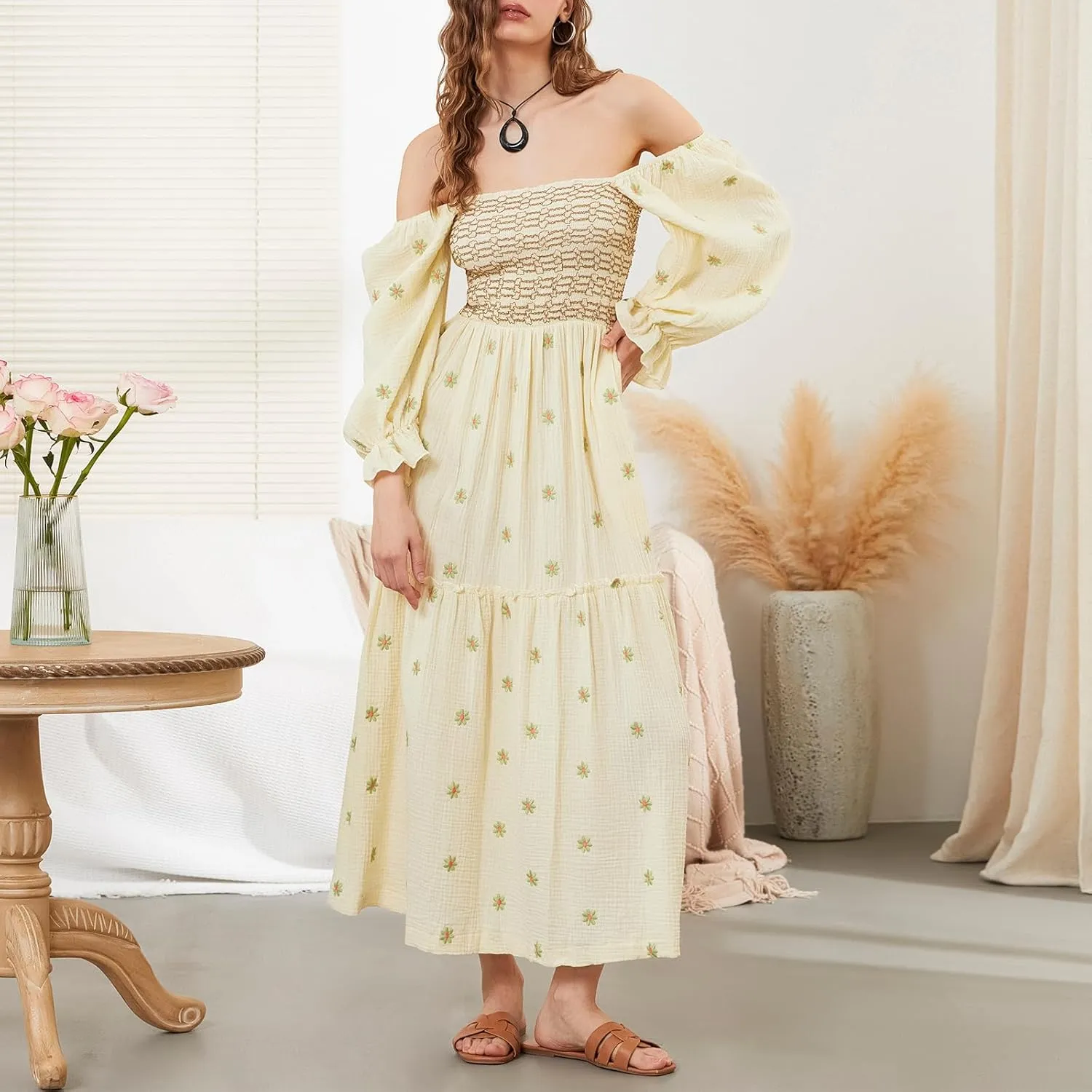 Argeousgor Women 2025 Bohemian Floral Dress Square Neck Ruffle Swing A Line Maxi Dress Long Sleeve Beach Long Dress