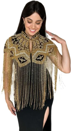 Art Deco 1920s Beaded Fringe Bolero Bridal Shawl - Gold Sequin Evening Designer Cover Up for Weddings