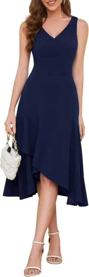 Aupuls Women Midi Cocktail Dresses V Neck High Low Formal Party Evening Wedding Guest Dresses