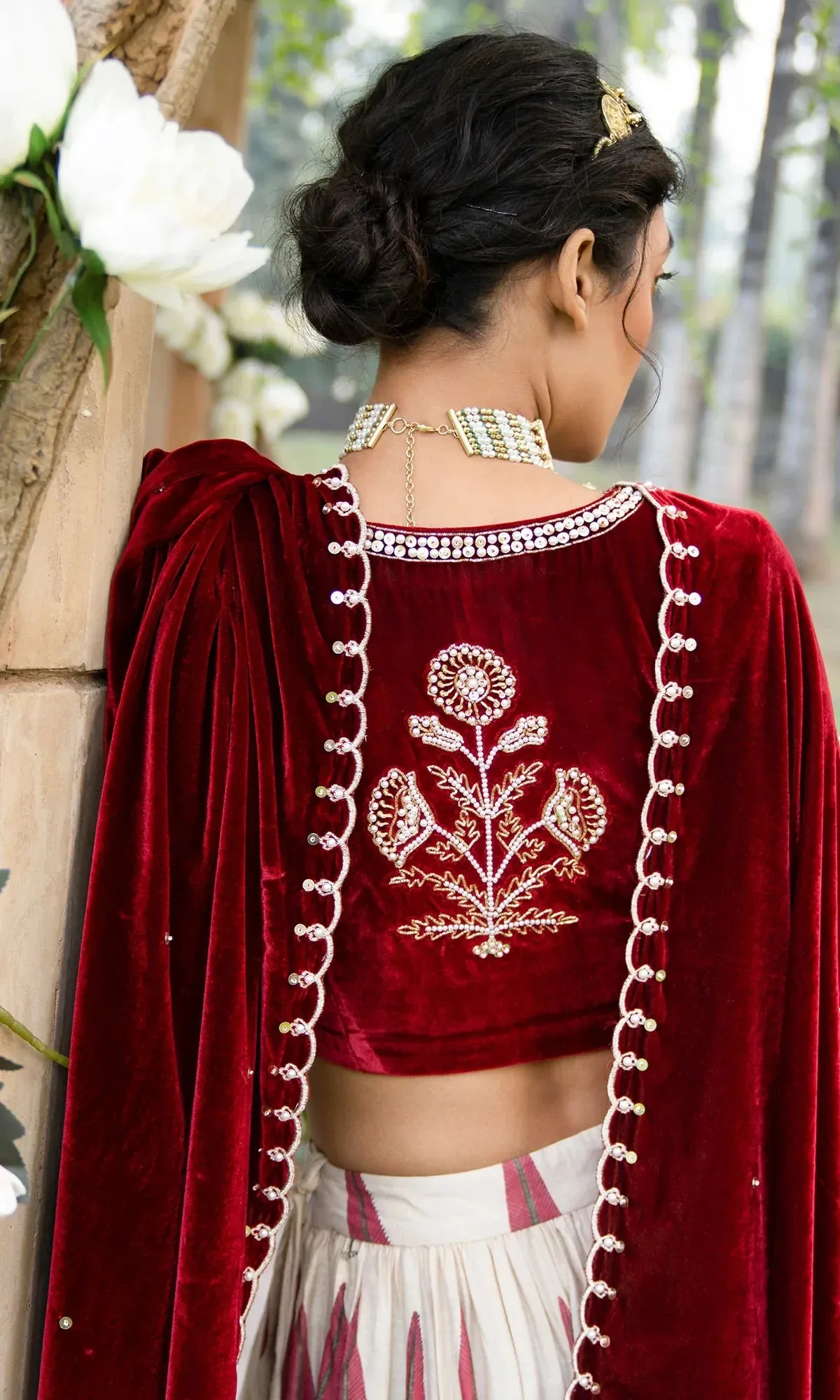 Bareen Mughals Red Block Printed Lehenga With Velvet Embroidered Blouse & Shawl- Sets Of 3 RTS