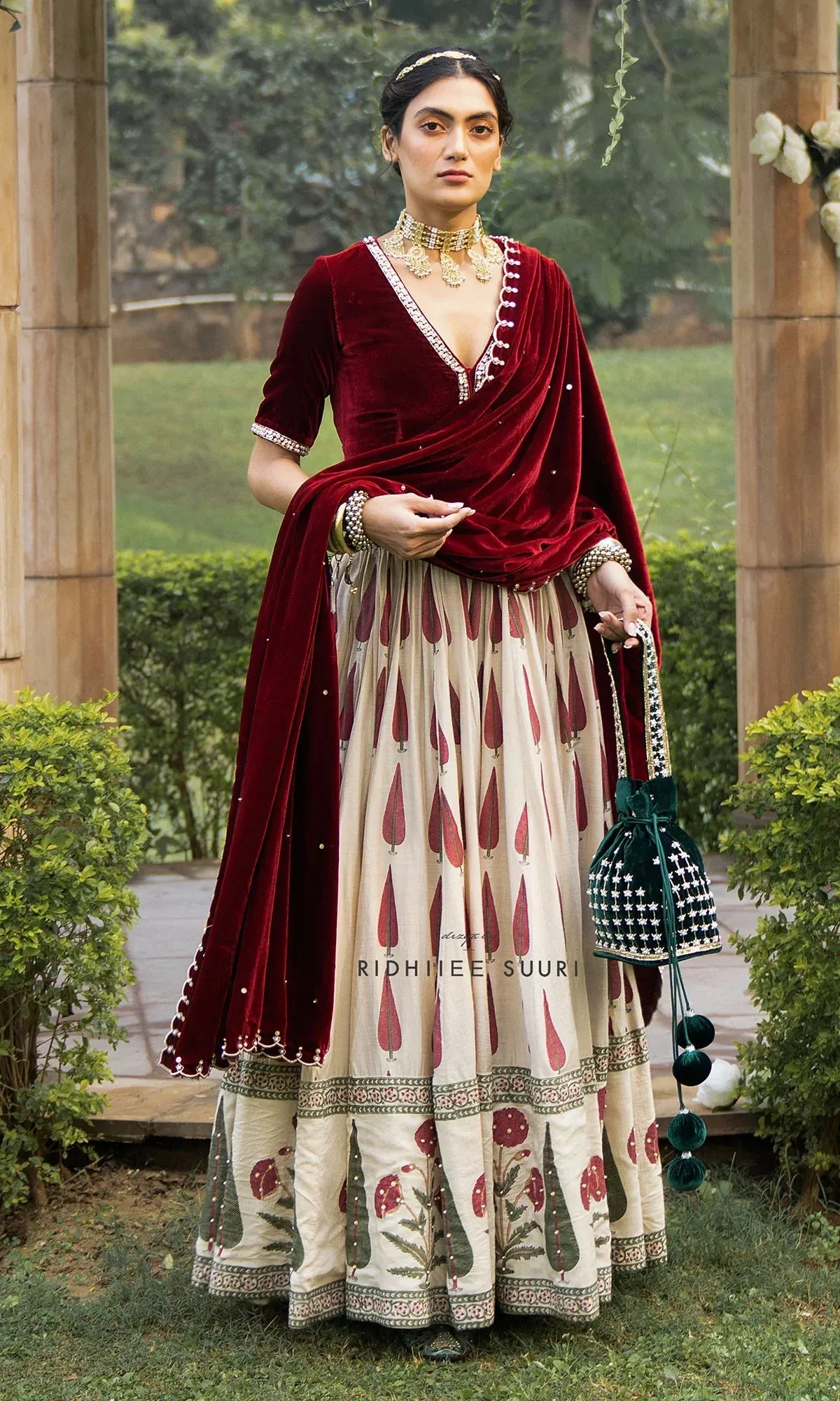 Bareen Mughals Red Block Printed Lehenga With Velvet Embroidered Blouse & Shawl- Sets Of 3 RTS
