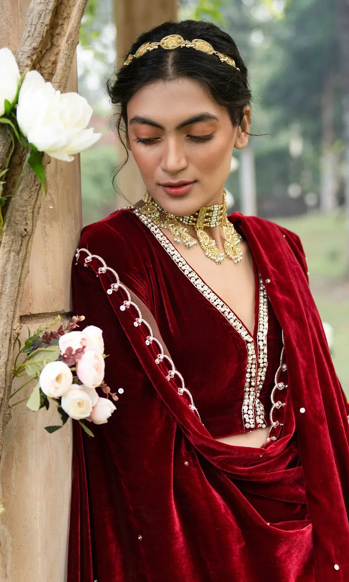 Bareen Mughals Red Block Printed Lehenga With Velvet Embroidered Blouse & Shawl- Sets Of 3 RTS