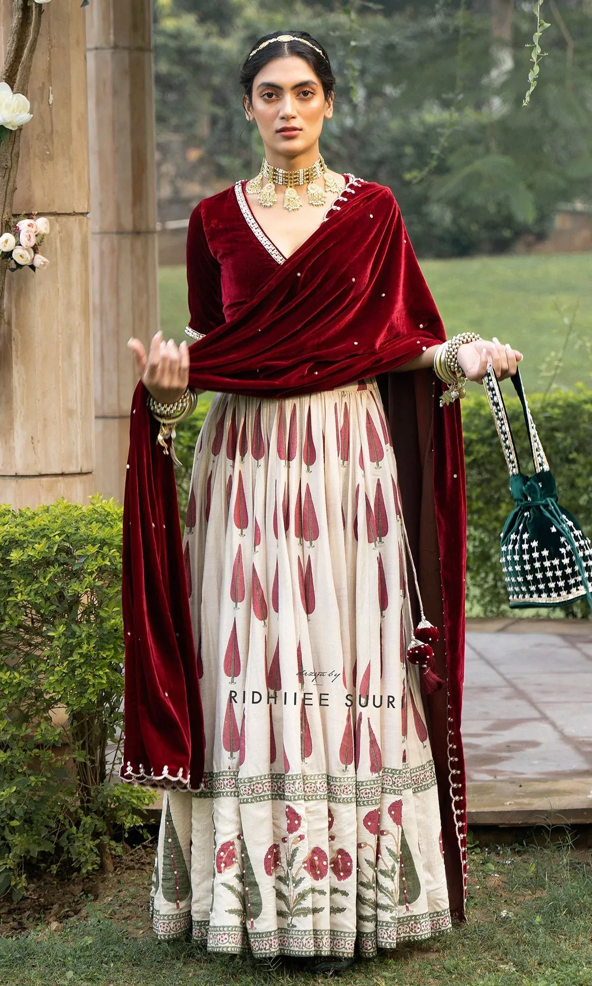 Bareen Mughals Red Block Printed Lehenga With Velvet Embroidered Blouse & Shawl- Sets Of 3 RTS