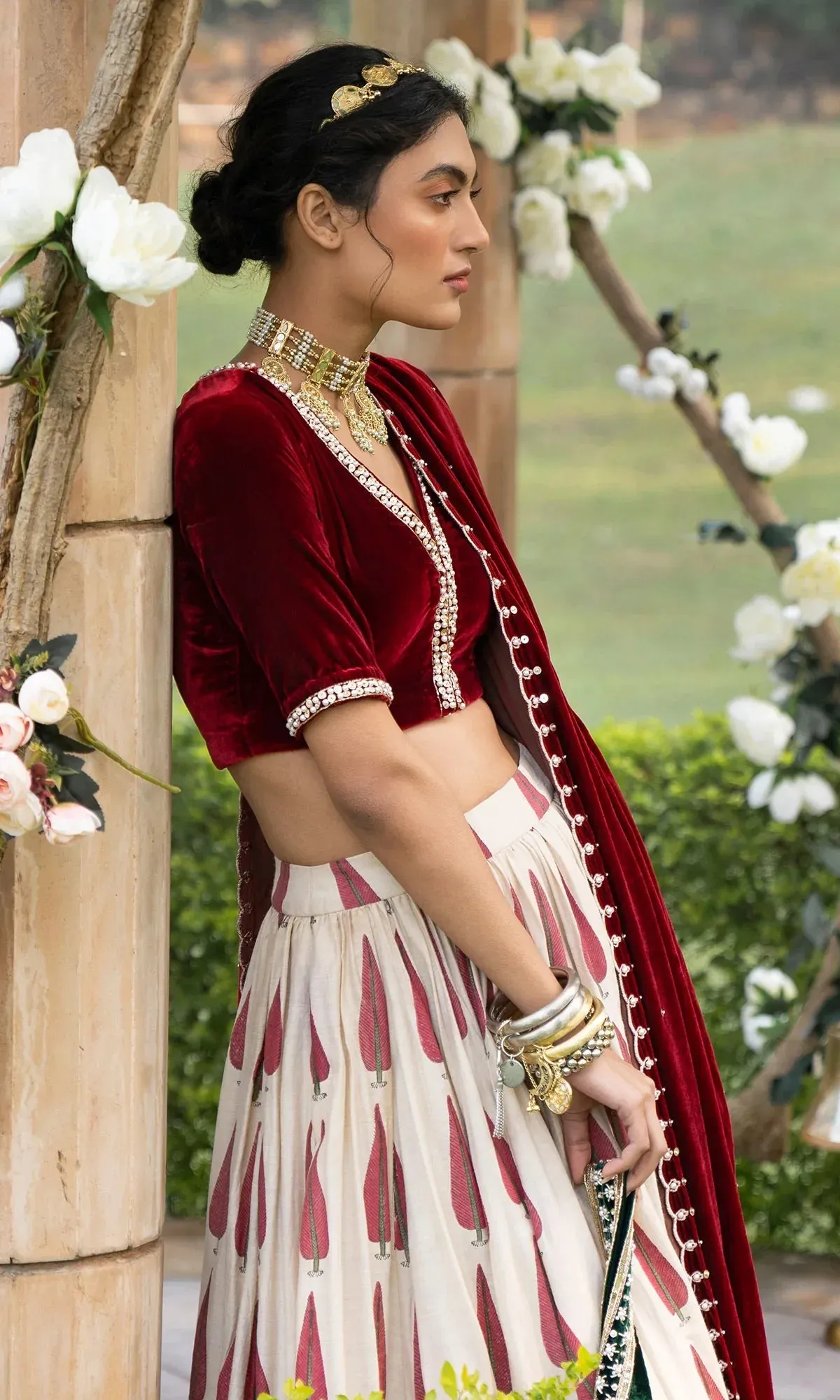 Bareen Mughals Red Block Printed Lehenga With Velvet Embroidered Blouse & Shawl- Sets Of 3 RTS