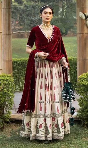 Bareen Mughals Red Block Printed Lehenga With Velvet Embroidered Blouse & Shawl- Sets Of 3 RTS