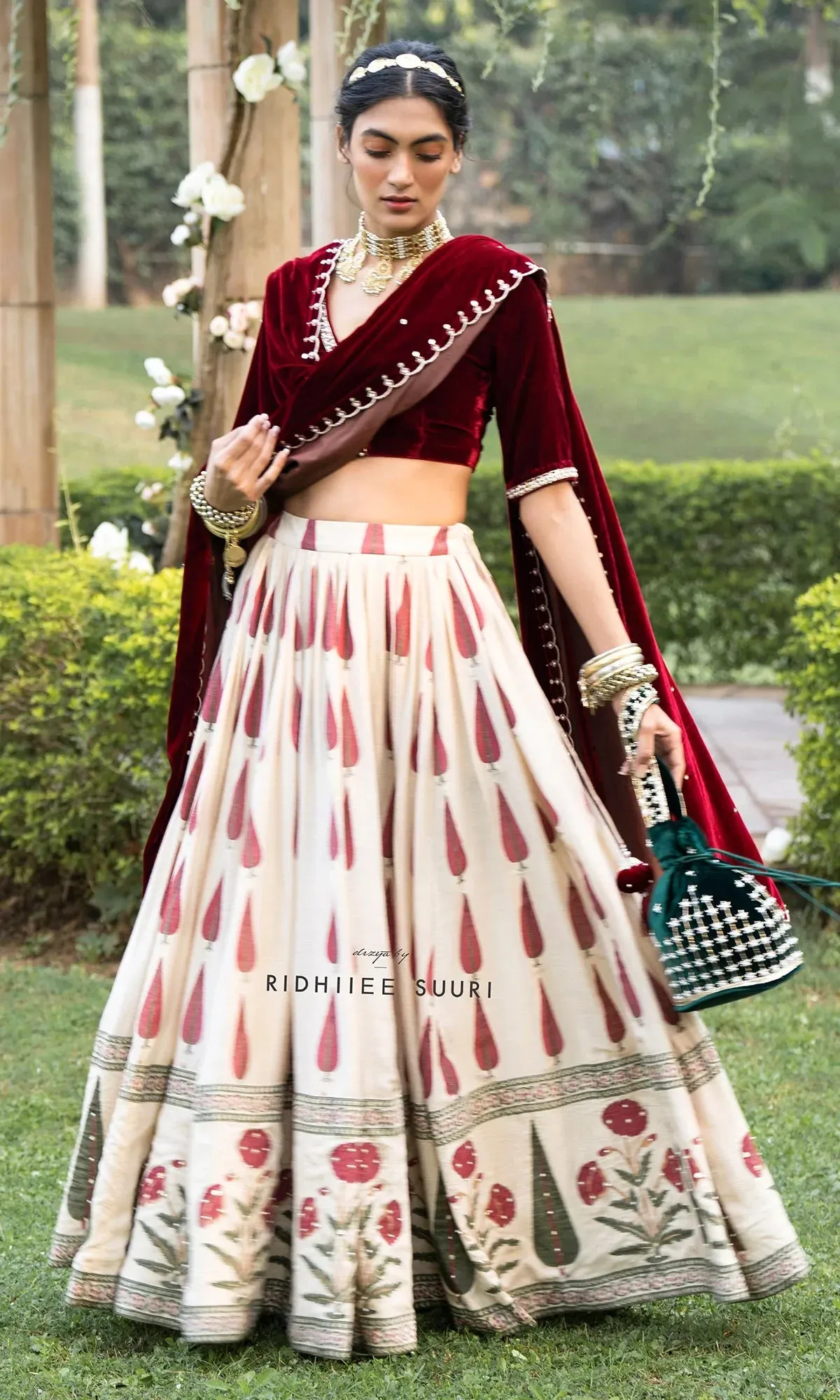 Bareen Mughals Red Block Printed Lehenga With Velvet Embroidered Blouse & Shawl- Sets Of 3 RTS