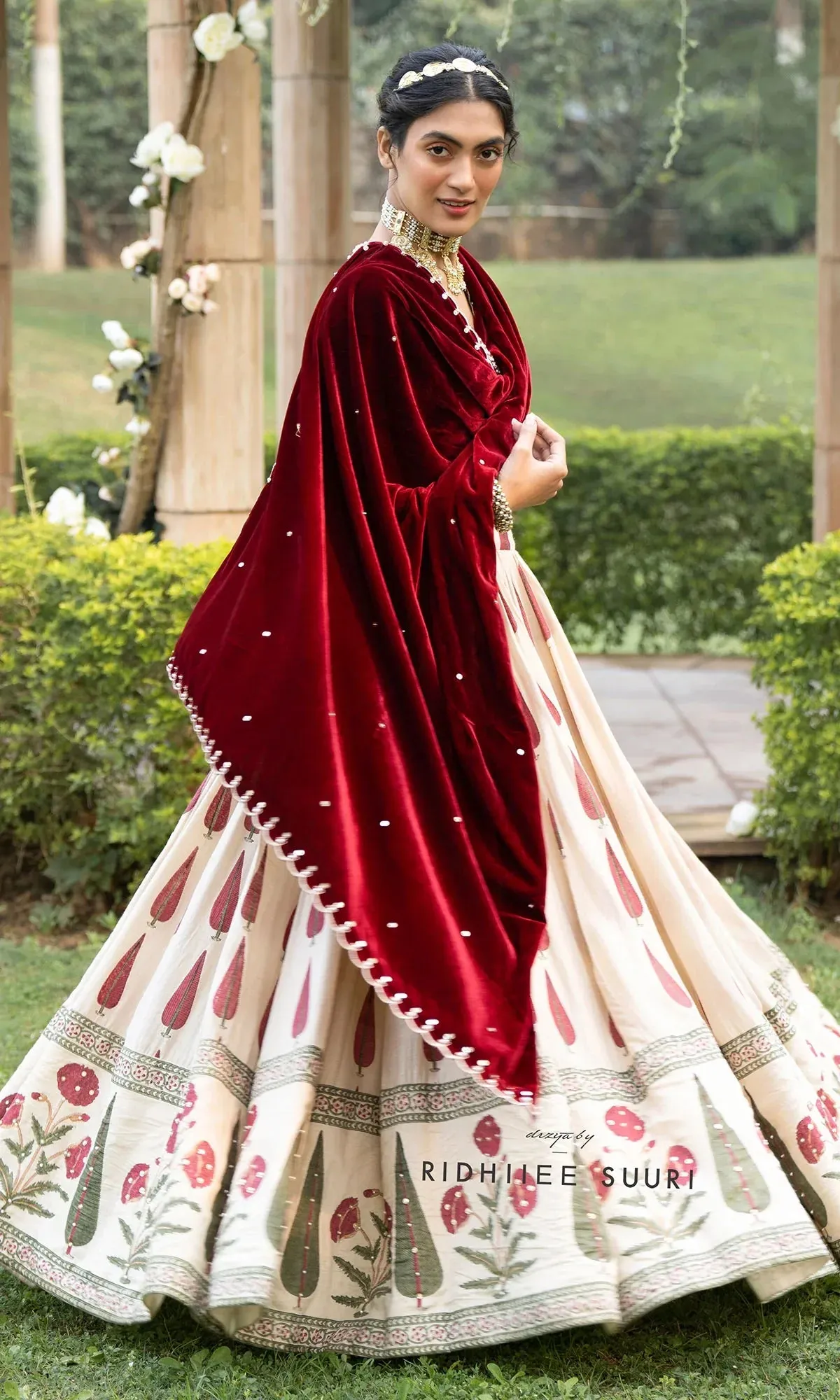 Bareen Mughals Red Block Printed Lehenga With Velvet Embroidered Blouse & Shawl- Sets Of 3 RTS