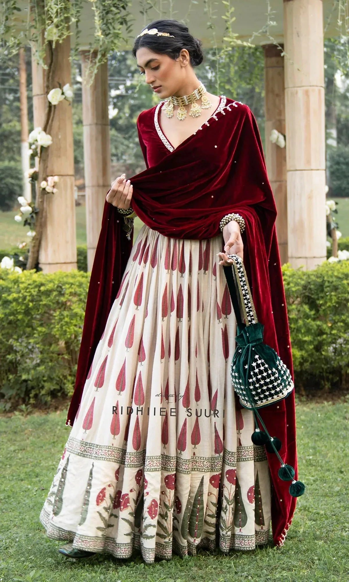 Bareen Mughals Red Block Printed Lehenga With Velvet Embroidered Blouse & Shawl- Sets Of 3 RTS